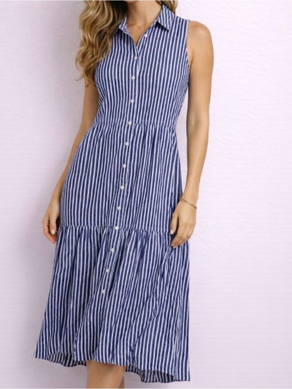 Sleeveless Blue and White Striped Button-Front Midi Dress